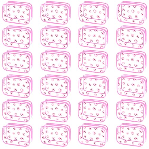 Kacctyen 24 Pcs Pink Soccer Clear Makeup Bag with Zipper Bulk Sport Goodie Clear PVC Pouch Organizer Waterproof Travel Case for Woman Team Gifts Birthday Decorations Supplies Favors - style: Pink Soccer