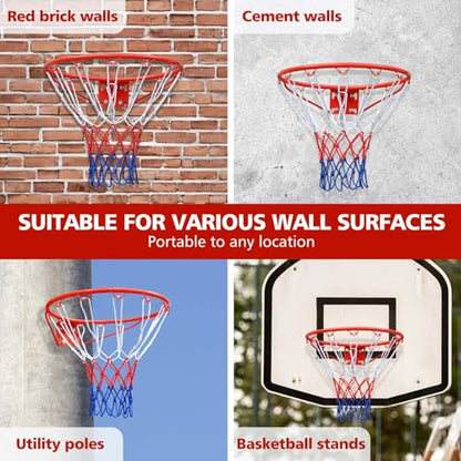 18" Basketball Rim Replacement, Wall Door Mounted Basketball Rim, Heavy Duty Basketball Flex Rim Goal Replacement with Net Fits In-Ground & Wall-Mounted Basketball Hoops, Indoor/Outdoor - color: Red