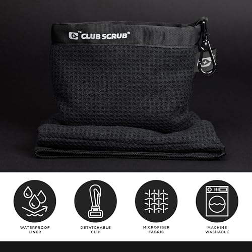Club Scrub Towel Pro, Golf Club and Ball Cleaning Pouch with Attached Towel, Waterproof Exterior, Waffle-Weave Microfiber (Black) - color: Black