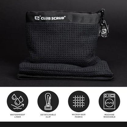 Club Scrub Towel Pro, Golf Club and Ball Cleaning Pouch with Attached Towel, Waterproof Exterior, Waffle-Weave Microfiber (Black) - color: Black