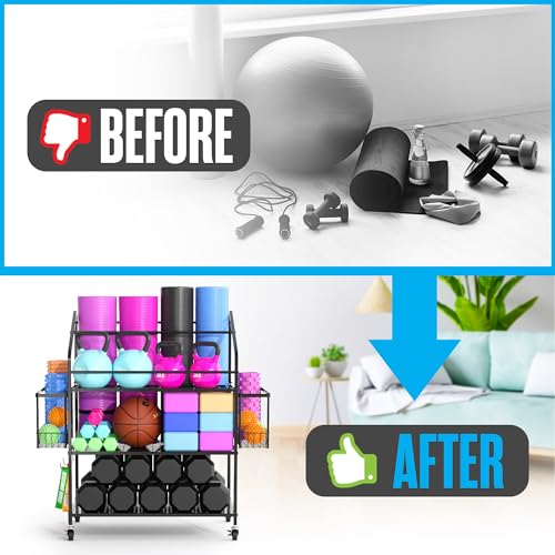 Houseables Workout Equipment Storage, Exercise Equipment Storage, Home Gym Organizer, Weight Rack for Home Gym, Kettlebell Rack, Weight Dumbbell Holder Cart, Yoga Organization Shelf, Rolling, 3 Tier