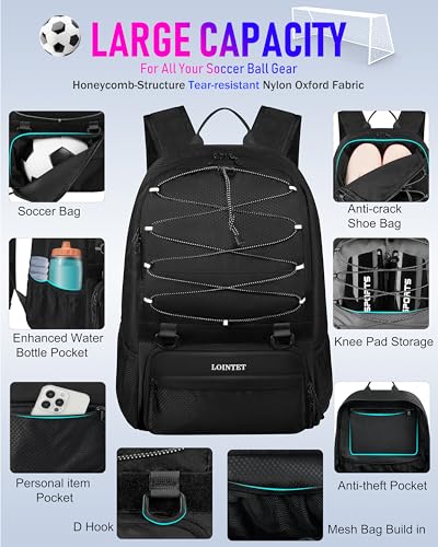 LOINTET Youth Soccer Bag, Soccer Backpack with Ball Compartment, Sports Equipment Training Bags Fits Basketball Football Volleyball and Accessories, Black - color: Black