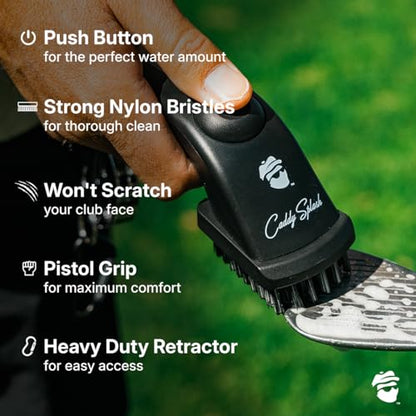 Caddy Splash Golf Club Brush Pro with Water- Heavy Duty Retractable Clip- Push Button for Easy Cleaning- Nylon Bristles- Holds 4 Oz- Golf Accessories for Men- Best Golf Gift - USA Company (Black)