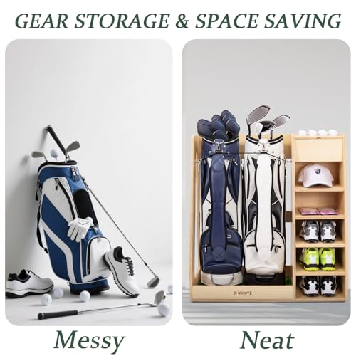 WINGYZ Premium Birch Plywood Golf Bag Storage for 2 Bags | 36lb Rock-Solid Golf Bag Organizer | 7-Shelf Command Center | Artificial Turf 12-Ball Display | No Wall Mounting Required (Natural) - color: Natural