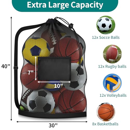 Extra Large Soccer Ball Bag, 40" x 30" Drawstring Mesh Ball Bag with Pocket, Heavy Duty Sport Net Sack for Coaches, Storage Bag for Basketball, Volleyball, Gym Equipment, Swimming Gear