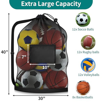 Extra Large Soccer Ball Bag, 40" x 30" Drawstring Mesh Ball Bag with Pocket, Heavy Duty Sport Net Sack for Coaches, Storage Bag for Basketball, Volleyball, Gym Equipment, Swimming Gear