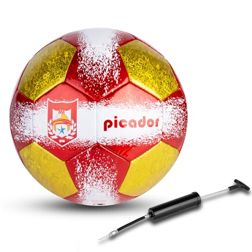 Picador Size 4 Soccer Balls, Laser Leather Soccer Ball for Sport Training & Match Play - Vibrant Soccer Balls Gift Set with Pump for Kids and Youth - color: Red/Yellow
