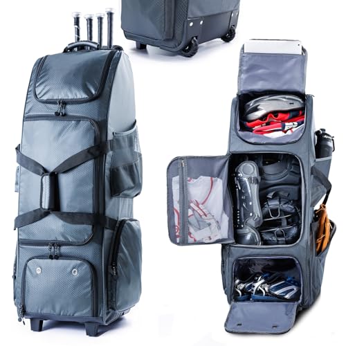 Rolling Baseball Bag With Wheels, Seperate Shoe Compartment and Fence Hook - Large Softball Bag for T-Ball - Team Equipment Duffle Bag - Catcher Gear Bag for Boys 8-12, Youth, Adults - color: Grey, size: Large with wheels