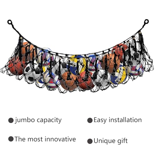 Klmnop Sports Ball Storage Net, Hanging Cotton Rope Garage Organizer Net, Sport Equipment Hammock Storage for Basketball Volleyball Soccer