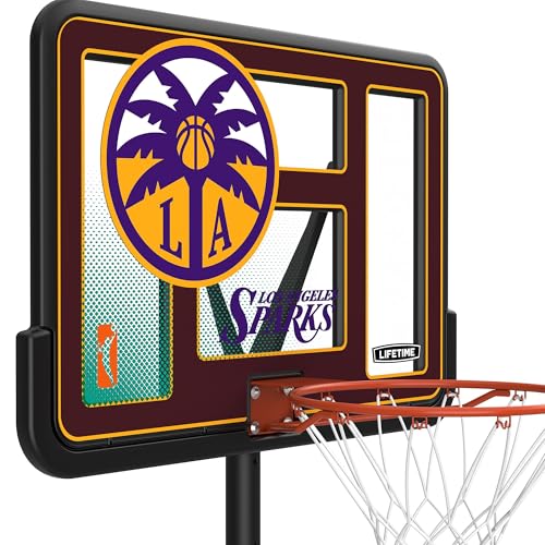 Lifetime WNBA Los Angeles Sparks Portable Basketball Hoop, Adjustable Height 7.5-10 Ft, 44 Inch Shatterproof Fusion Backboard, Base with Wheels