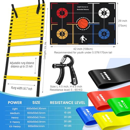 Basketball Training Equipment, Agility Footwork Training Mat, Dribble Trainer, Basketball Practice Aids with Training Mat, Agility ladder, Grip Strengthener, Resistance Bands - color: Black, size: 42"*29"