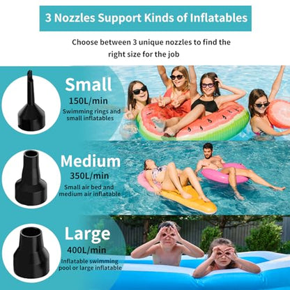 Air Pump for Inflatables - Electric Air Mattress Pump with 3 Nozzles, Portable Quick-Fill Inflator Air Pump for Inflatable Boat, Air Mattress Beds, Swimming Ring, Compatible with Home and Car Adapter