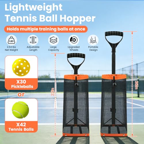 Rolling Tennis Ball Hopper with Wheels - Pickleball Picker Upper and Tennis Ball Basket - Adjustable Tennis Ball Picker and Pickleball Hopper - Portable Wheeled Ball Collector for Courts