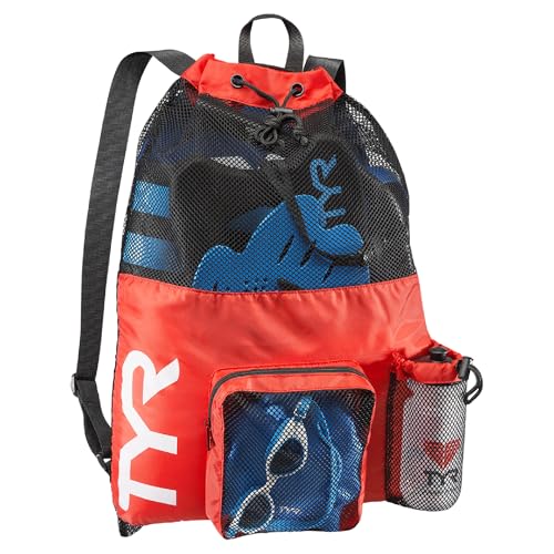 TYR Big Mesh Mummy Backpack for Wet Swimming, Gym, and Workout Gear, Red