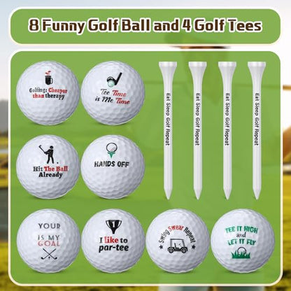 Realspring 13 Pcs Funny Golf Ball Gift Set Humor Golf Set with Funny Sayings Includes 8 Balls, 4 Tees, 1 Gift Box, Golf Ball and Tee Accessories Novelty Gifts for Dad Husband Grandpa and Golf Lovers