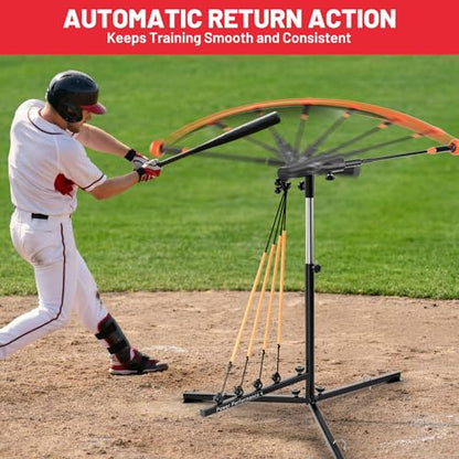 Baseball Softball Swing Trainer with Tripod Base, Adjustable Height Batting Trainer for Solo Hitting Practice, Auto-Return Trainer with 4 Elastic Ropes, Ground Pegs & Carry Bag