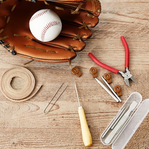 Fabbay 16 Pcs Baseball Glove Lace Kit Glove Relacing Kit 2 Pcs 78.74 Inch Leather Laces 4 Pcs Glove Lace Locks 7 Pcs Lacing Needle Leather Cutter Scratch Awl Tool for Baseball Repair - color: Brown