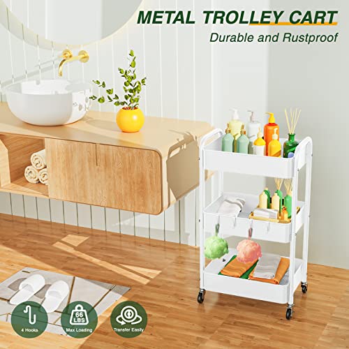 3 Tier Rolling Storage Cart, Metal Trolley Utility Cart with Wheels & Hooks, Easy Assembly Organizer Storage Cart for Bathroom Kitchen Office Bedroom