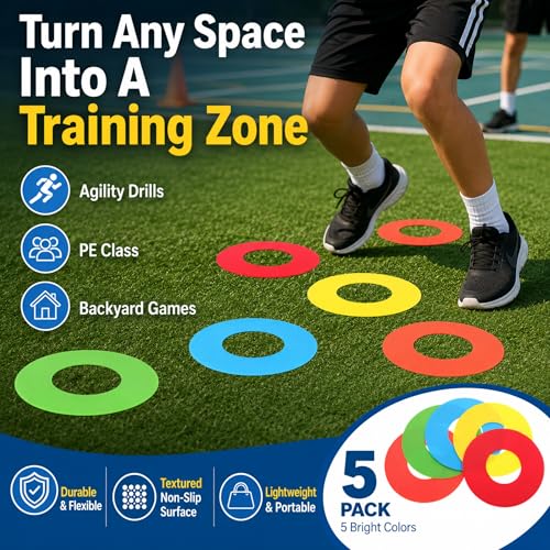 5 Pcs Flat Cone Spot Markers, Non-Skid 8 Inch PVC Field Dots in 5 Colors, Low-Profile Training Discs for Soccer, PE Class, Speed Agility Drills
