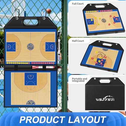 Magnetic Basketball Coaching Board | Foldable Leather Basketball Clipboard Kit for Coaches | Professional Basketball Tactic Board | Dry Erase Strategy Whiteboard | Carry Handle | Lightweight