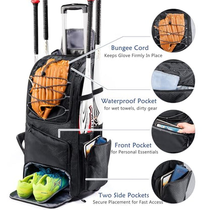 Large Rolling Baseball Catchers Gear Bag with Wheels, Softball Bag with Hard Backing for 4 Bats,Equipment Bag with Separate Shoe & Helmet Compartments, Youth Baseball Bag with 360° Spinner Wheels - color: Black - Style A - Integrated Rolling System, size: