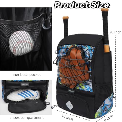 Baseball & Softball Bat Bag For Youth Adults, Sports Equipment Backpack with Shoe Compartment, Fence Hook, Bat Holder, Helmet, Baseball Glove, Big Size & Lightweight