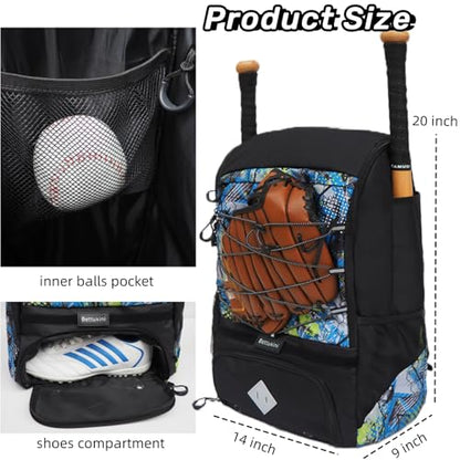Baseball & Softball Bat Bag For Youth Adults, Sports Equipment Backpack with Shoe Compartment, Fence Hook, Bat Holder, Helmet, Baseball Glove, Big Size & Lightweight