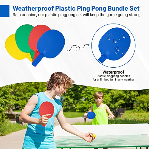 Plastic Portable Ping Pong Paddles Set of 4 Table Tennis Paddles with Retractable Ping Pong Net - 2 Ping Pong Balls with 1 Birdie. Perfect for Office, Lawn, and Beach Games for Adults and Families.