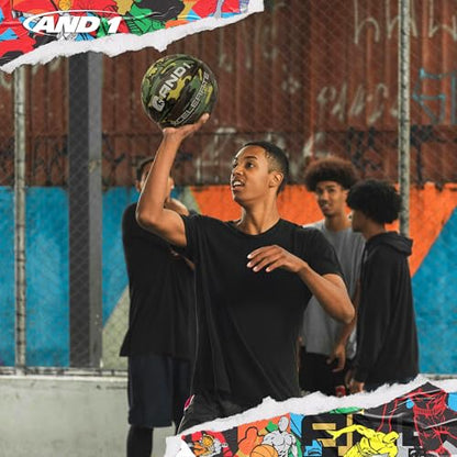 AND1 Xcelerate Rubber Basketball: Official Regulation Streetball, Made for Indoor/Outdoor Games - color: Green Camo, style: Basketball w/ Pump