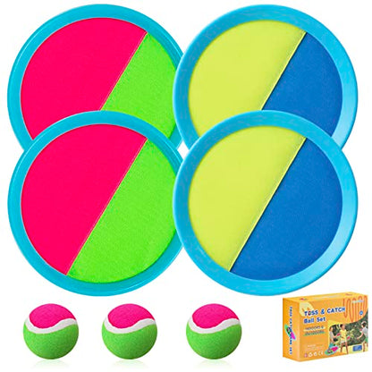 Kids Toys - Outdoor Games, Beach Toys, Toss and Ball Set with 4 Paddles and 3 Balls, Perfect Beach Games Sets Playground Sets for Backyards Easter Gifts for Kids/Adults/Family (Blue+Light Yellow) - color: Light Blue