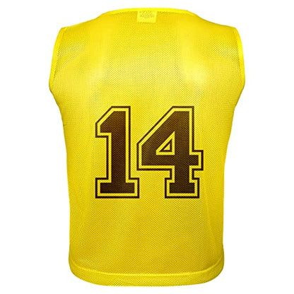 Athllete 12 pcs Duramesh Pinnies/Scrimmage Vest - Kids Youth and Adult Pinnies, Numbered Penny Jerseys for Soccer - color: Golden Yellow Numbered Front/Back (13-24), size: Medium