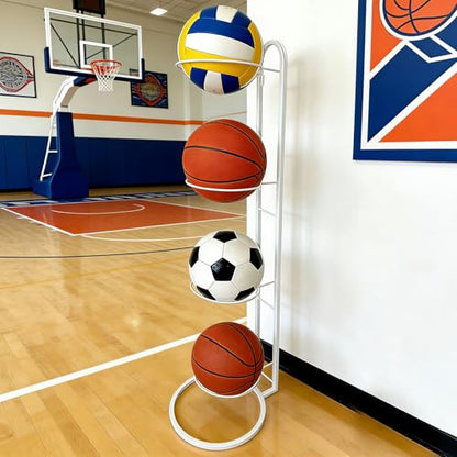 Ball Storage Rack, White Metal, 3-Tier Vertical Organizer for Basketball, Soccer, Volleyball, Sports Equipment Holder (3-Tier) - size: 3-Tier