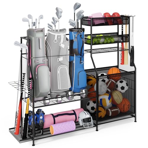 Garage Sports Equipment Organizer,3 Golf Bags Storage Stand,Heavy-Duty Ball Storage Rack with Basket and Hooks,Space-Saving Design for Toy Sports Gear Storage Indoor/Outdoor Use