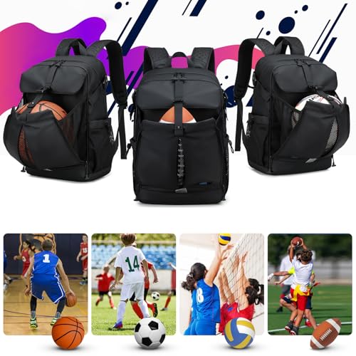 Basketball Backpack with Ball and Shoes Compartment Large Basketball Bag Backpack for Men Women Fit Volleyball, Soccer, Football, Sports Training Equipment Bags, Black - color: Black