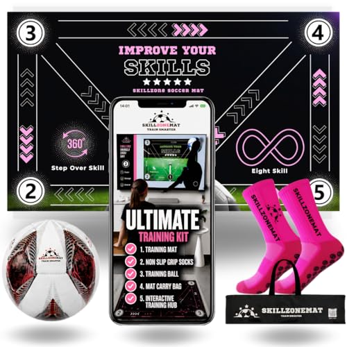 SkillZone Soccer Training Mat with Soccer Ball – Dribbling & Footwork Trainer | Indoor/Outdoor Soccer Training Kit with Interactive Video Hub, Grip Socks & Carry Bag | Control & Agility Practice