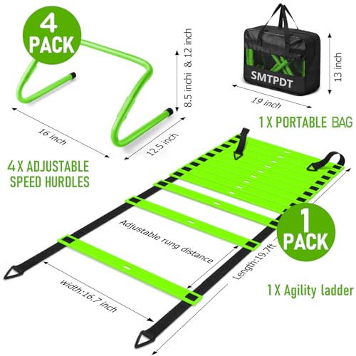 Agility Ladder,Soccer Training Equipment Set,20ft Speed Ladder,4 Agility Hurdles,Football Basketball Training Equipment,Football Accessories for Kids Youth Adults | Footwork, Speed & Agility Training - color: Green