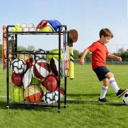 Garage Ball Storage Rack - Sports Equipment Organizer with Wheels, Rolling Sports Ball Cart with Elastic Rope, Outdoor Ball Holder for Basketball Soccer Volleyball Football, Garage Toy Storage