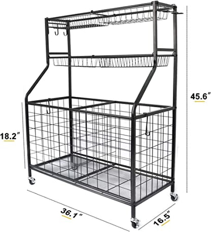 Heavy Duty Garage Sports Equipment Organizer, Ball Storage Rack, Sports Gear Basketball Storage with Baskets, Hooks, Steel Rolling Sports Cart, Outdoor/Indoor Schools, Gyms, Gymnasium, Black
