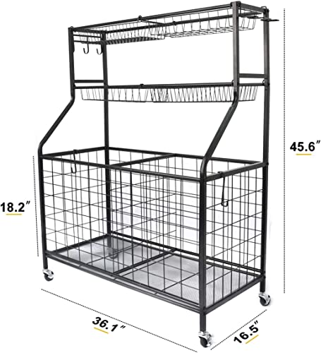 Sports Equipment Organizer Ball Storage Organizer Utility Racks with Wheels Baskets Hooks Standing Shelf Units Carts Garage Wagon Racks for Basketball Football Soccer Volleyball Baseball Bat Holder