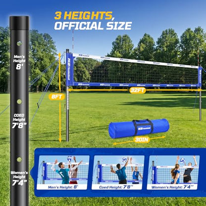 Haokelball Outdoor Portable Heavy Duty Volleyball Net Set for Backyard with Adjustable Height Poles, Anti-Sag System, Volleyball, Pump, Boundary Line, Carry Bag & Gift Box
