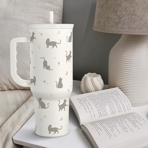 Gift for Cat Lovers Cat Mom – 40oz Stainless Steel Tumbler with Handle and Straw - Travel Coffee Mug for Women, Gift for Birthday, Christmas - color: Cat