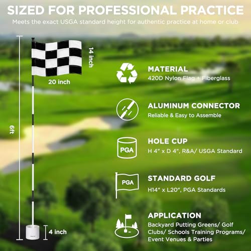 KINGTOP Golf Flagstick 6ft, Portable Five-Section Design for Backyard Practice Putting Green, Driving Range Golf Pin Flag Hole Cup Set, Gift Idea - color: Version3- Checkered Flag, 1-Pack