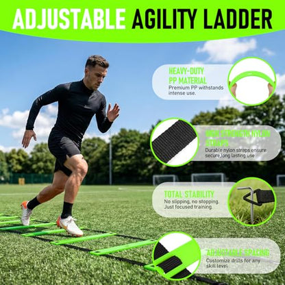 Agility Ladder,Soccer Training Equipment Set,20ft Speed Ladder,4 Agility Hurdles,Football Basketball Training Equipment,Football Accessories for Kids Youth Adults | Footwork, Speed & Agility Training - color: Green