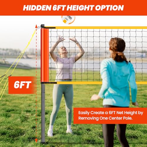 32FT Portable Volleyball Net System for Backyard - Adjustable Height Beach & Grass Court Sand-Resistant Outdoor Training Set with Pro-Grade Volleyball, Pump, Boundary Lines & Carry Bag(Bright Orange)