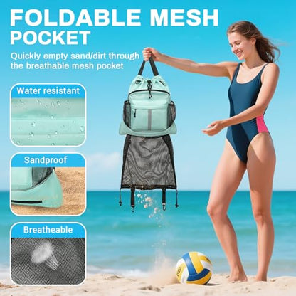 Drawstring Backpack, Waterproof Sandproof Beach Backpack for Sport Gear Small Gym Bag with Hidden Ball Net Pocket and Seperated Wet Pocket Draw String Back Bag for Women Men, Green - color: Green
