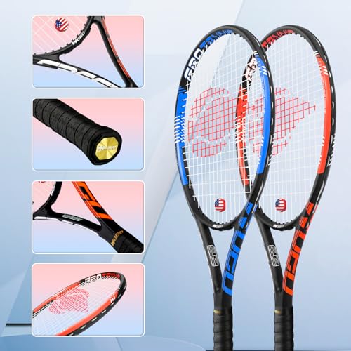 Adult 2 Player Tennis Racket Perfect for Beginner and Professional Players, 27” Speed Tennis Racquet Include Tennis Balls, Overgrips, Tennis Bag, Vibration Dampe, Cover - color: 2 Packs Blue-Orange