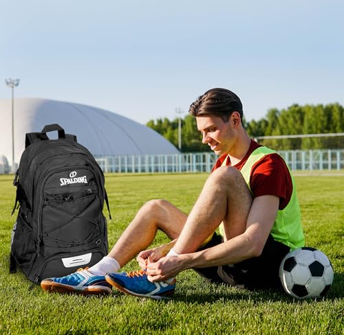 Spalding Soccer Backpack Sports Bag, Black Soccer Bag with Ball and Shoe Compartment, Use for Track Bags, Basketball Sport Ball Accessories & Stuff, Gifts for Sports Players