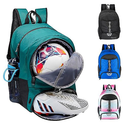 Youth Soccer Bag, Soccer Backpack for Football Volleyball Basketball, Backpack with Ball Compartment and Ball Holder - color: Green
