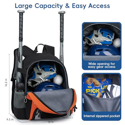 KAVIGOR 2026 Youth Baseball & Softball Bag | Ultra-Light Tball Backpack with Shoe Compartment & Helmet Holder | Skin-Soft Fabric - color: Space Black