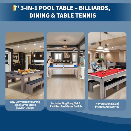7FT 3-in-1 Pool Table with Dining Top & Table Tennis | Convertible Billiard Table for Home Game Room | Complete Set with Cues, Balls, Ping Pong Paddles, Net & Rolling Storage Caddy | Wood Grain Finish - color: Red 3 in 1